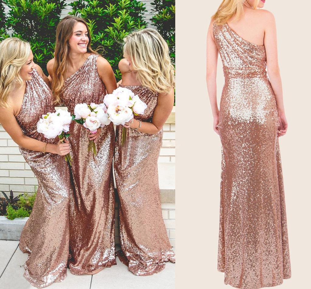 Vestido de dama de honor brillante en oro rosa con lentejuelas y encaje de un solo hombro BD096