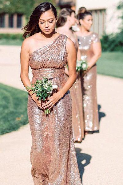 Vestido de dama de honor brillante en oro rosa con lentejuelas y encaje de un solo hombro BD096