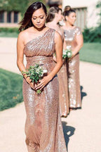 Vestido de dama de honor brillante en oro rosa con lentejuelas y encaje de un solo hombro BD096