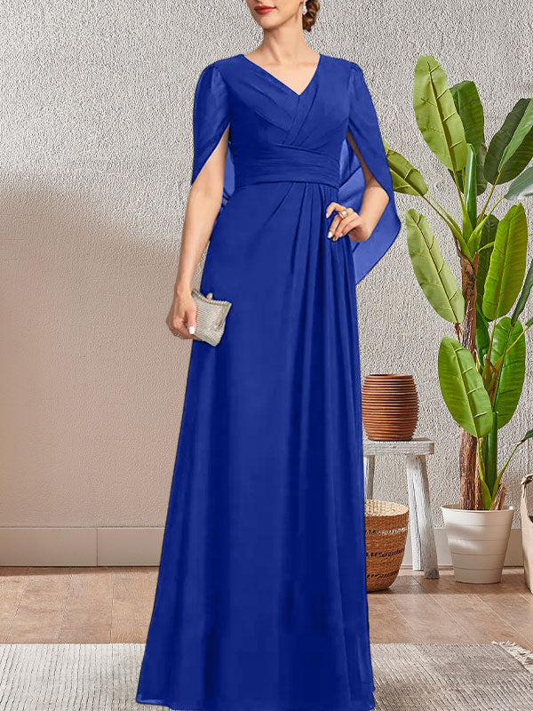 Vestido largo azul marino oscuro con escote en V y corte A para madre de la novia