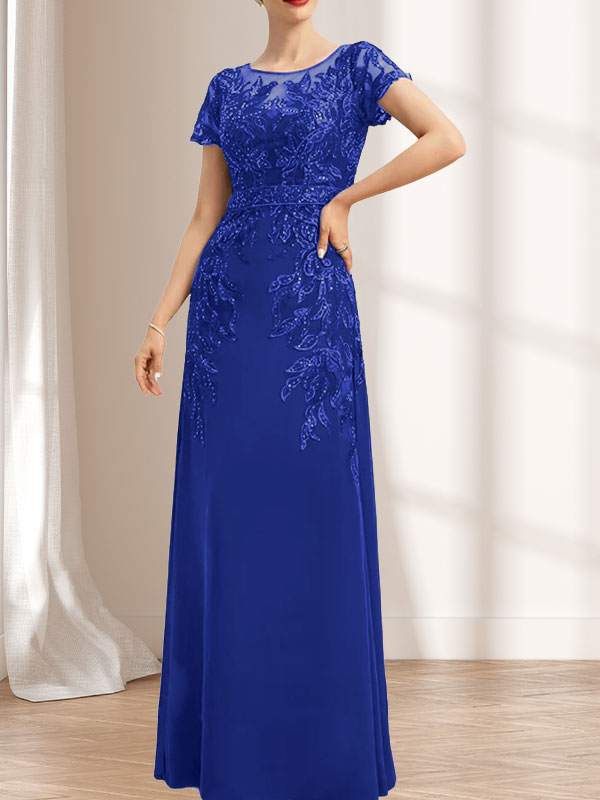 Vestido de madre de la novia de gasa con encaje, escote redondo, ilusión, largo hasta el suelo, con lentejuelas