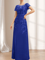 Vestido de madre de la novia de gasa con encaje, escote redondo, ilusión, largo hasta el suelo, con lentejuelas