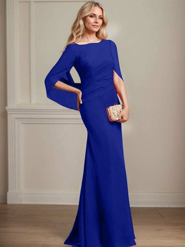 Vestido de madre de la novia de gasa con escote barco, corte trompeta/sirena, largo hasta el suelo, con pliegues