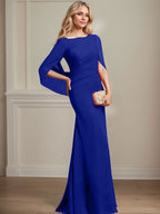 Vestido de madre de la novia de gasa con escote barco, corte trompeta/sirena, largo hasta el suelo, con pliegues