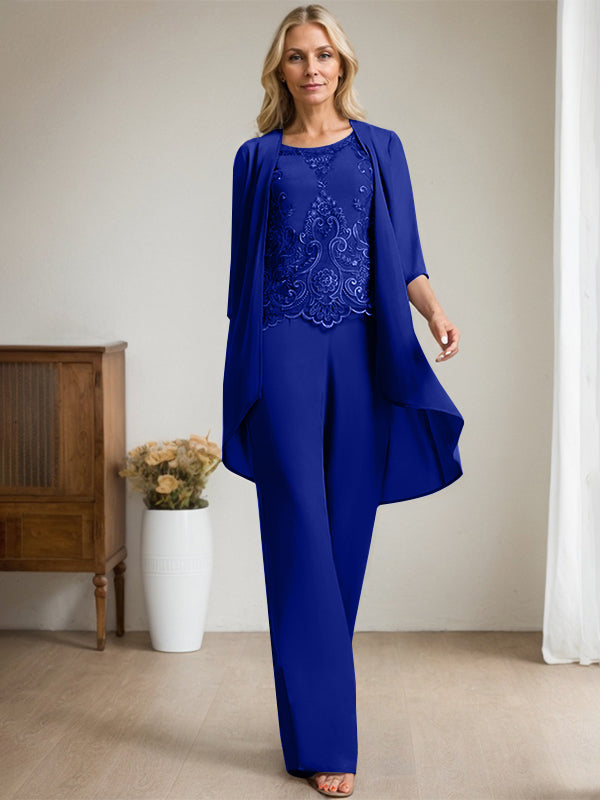 Vestido de madre de la novia de gasa con encaje, escote redondo y lentejuelas y mono/pantalón separado