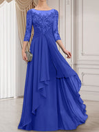Vestido de gasa con encaje, corte A, escote ilusión, largo hasta el suelo, para madre de la novia con volantes en cascada