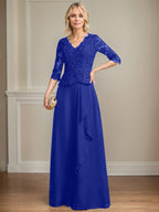 A-Linie V-Ausschnitt Bodenlanges Spitzen-Chiffon-Kleid für die Brautmutter mit kaskadierenden Rüschen und Pailletten 