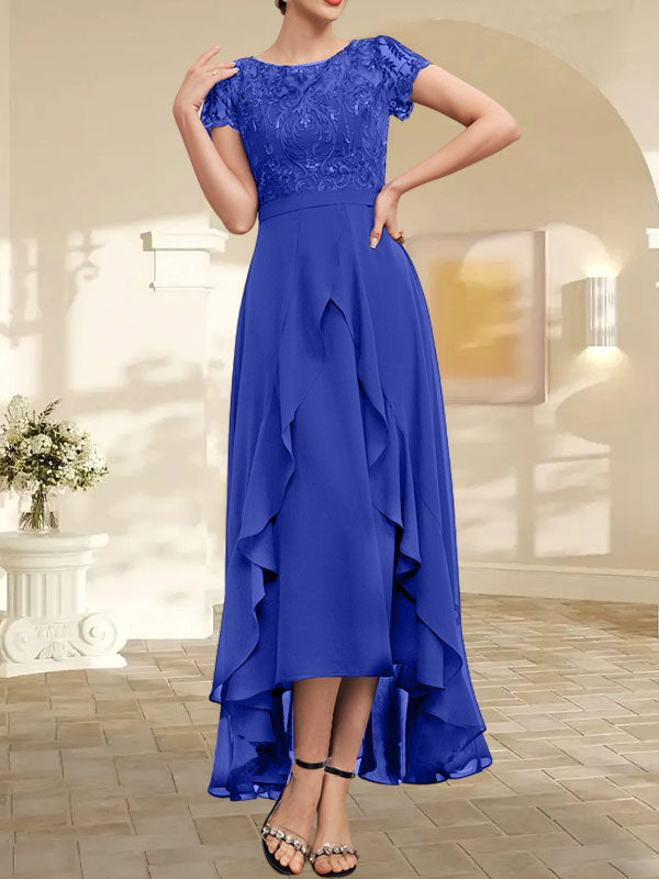 Vestido de madre de la novia de gasa asimétrica con escote en A, ilusión, encaje, lazo, volante y lentejuelas