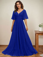 Vestido de gasa para madre de la novia, corte A, escote en V, largo hasta el suelo, con apliques de lentejuelas y encaje plisado