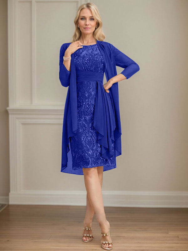 Vestido de madre de la novia de gasa con encaje, escote redondo, ilusión, largo hasta la rodilla, con volantes en cascada y lentejuelas