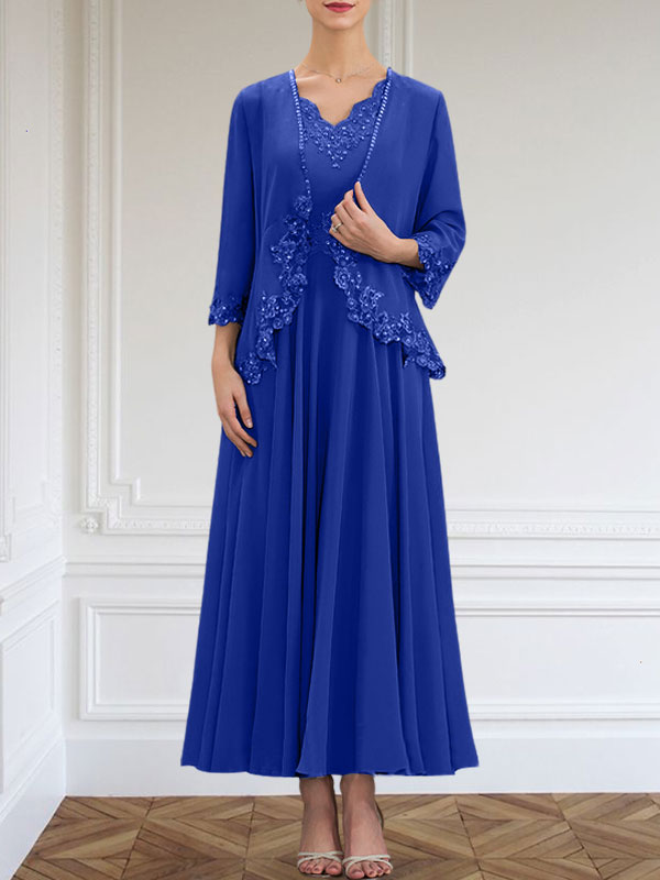 Vestido de gasa para madre de la novia, corte A, escote en V, largo hasta los tobillos, con apliques de lentejuelas, encaje y cuentas