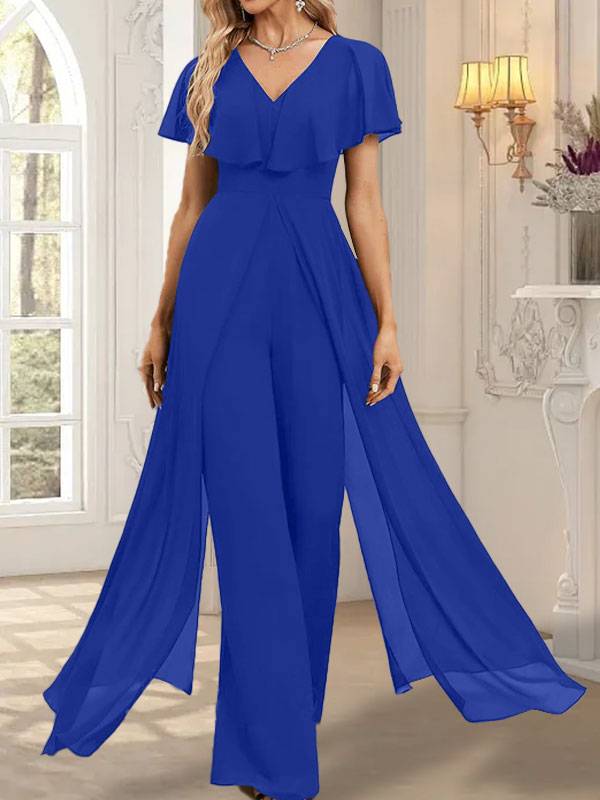 Vestido de noche de gasa con escote en V y largo hasta el suelo, tipo mono/pantalón