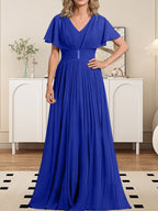Vestido de gasa para madre de la novia, corte A, escote en V, largo hasta el suelo, con broche de cristal y plisado