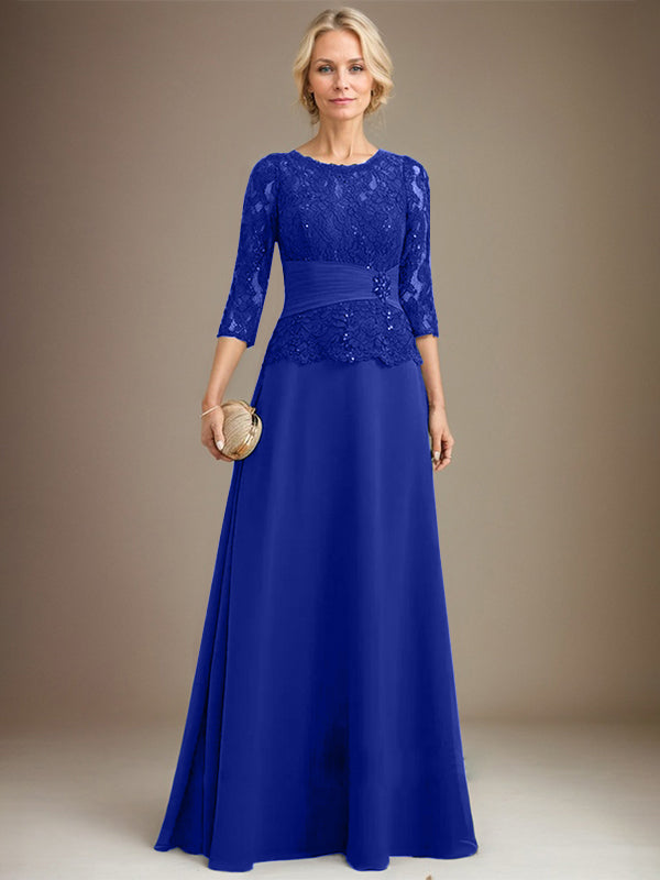 Vestido de gasa con encaje, corte A, ilusión, largo hasta el suelo, para madre de la novia, con lentejuelas plisadas y abalorios