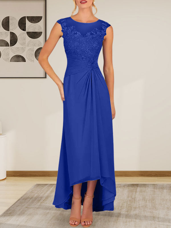 Vestido de gasa con encaje y escote redondo en forma de A color champán