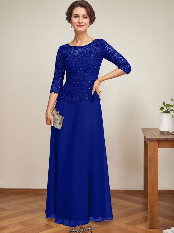 Vestido de gasa con encaje y escote en A, ilusión, largo hasta los tobillos, para madre de la novia con cuentas de diamantes de imitación
