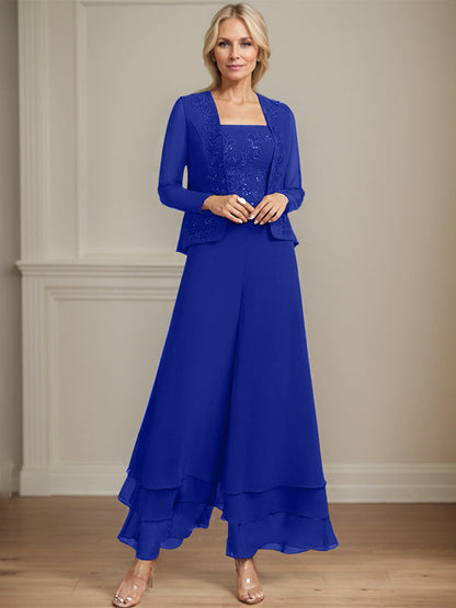Separates Jumpsuit/Hosenanzug Quadratisches Knöchellanges Spitzenchiffonkleid für die Brautmutter mit Pailletten 