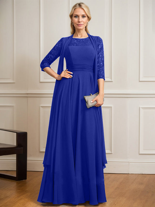 Vestido de gasa de encaje con ilusión de corte A hasta el suelo para madre de la novia con pliegues