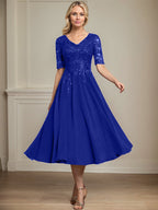 Vestido de gasa con encaje y lentejuelas para madre de la novia, corte A, escote en V y largo hasta la rodilla