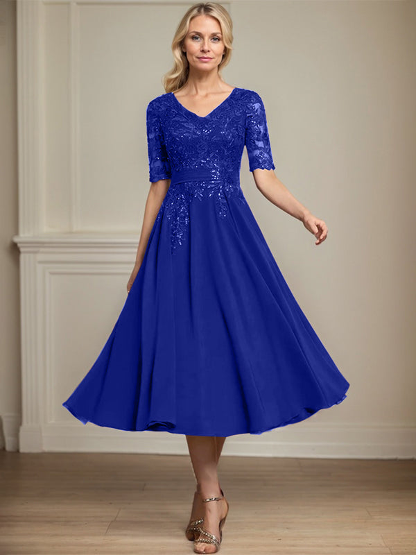 Vestido de gasa con encaje y lentejuelas para madre de la novia, corte A, escote en V y largo hasta la rodilla
