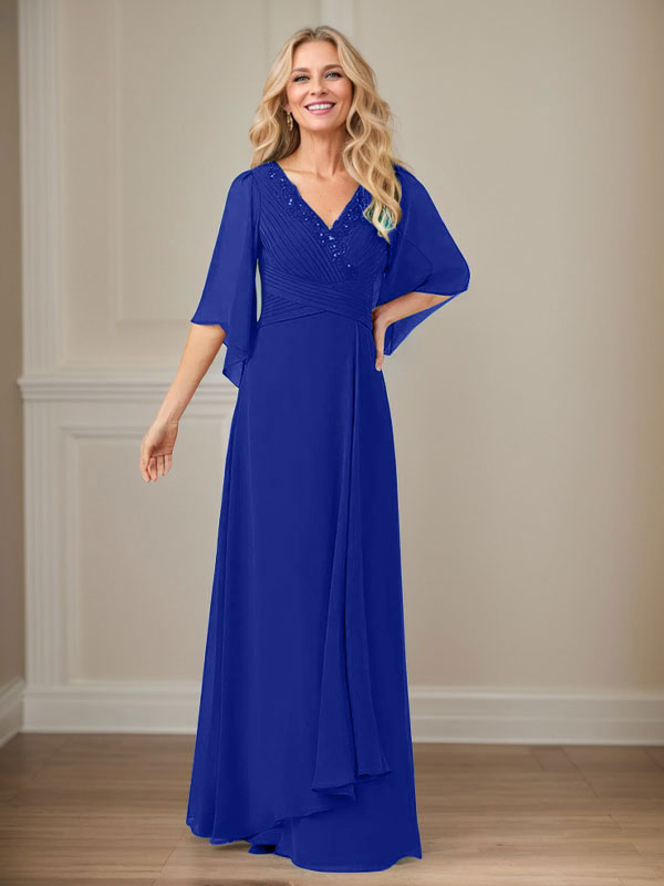 Vestido largo de gasa con lentejuelas y escote en V en forma de A para madre