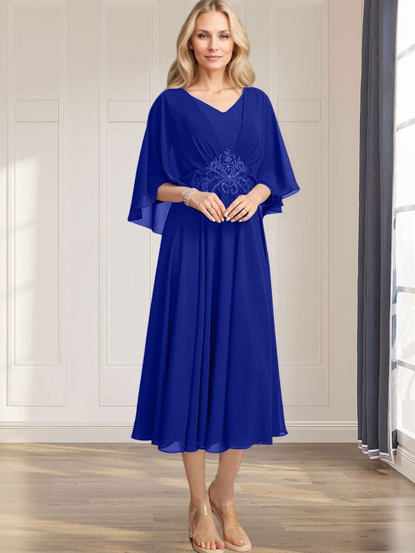 A-Linie V-Ausschnitt Wadenlanges Chiffonkleid für die Brautmutter mit plissierten Paillettenapplikationen Spitzenbesatz 