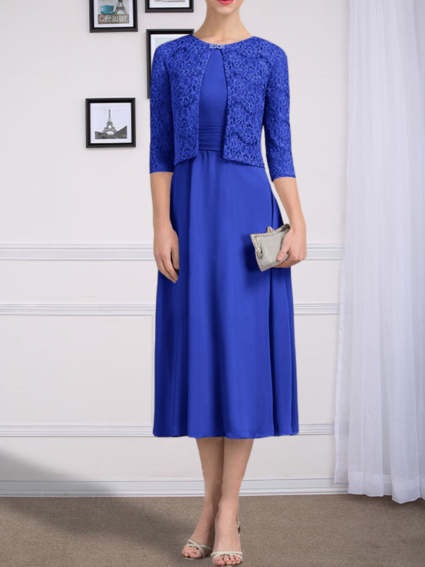 Vestido de gasa para madre de la novia con corte en A, escote redondo y largo hasta la rodilla con pliegues