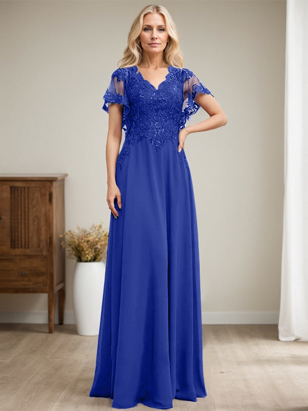 Vestido de madre de la novia de gasa con encaje, escote en V y lentejuelas, largo hasta el suelo