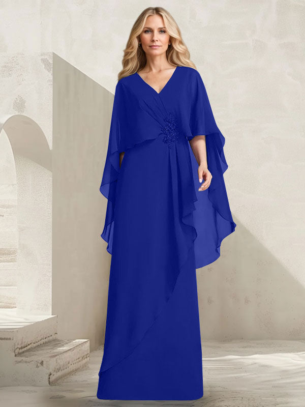 Vestido de gasa para madre de la novia con escote en V, corte A y largo hasta el suelo, con volantes en cascada y cuentas