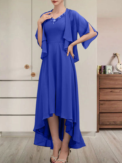 A-Linien-Kleid mit V-Ausschnitt, asymmetrischem Chiffon für die Brautmutter mit Perlen und Pailletten