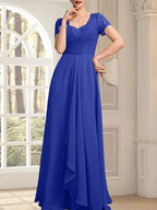 Vestido de madre de la novia de gasa con encaje, corte en A, escote corazón, largo hasta el suelo, con volantes en cascada y cuentas