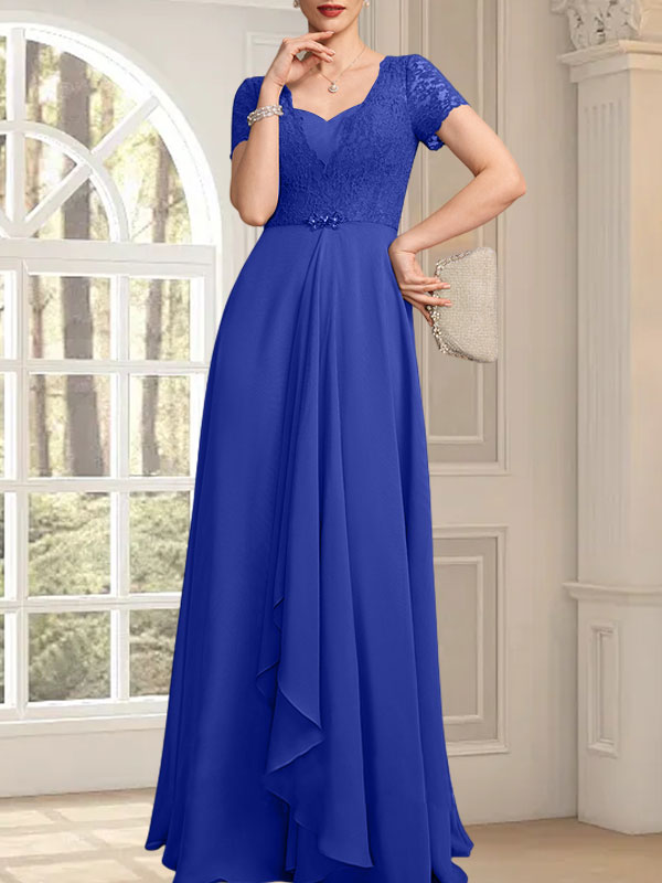 Vestido de madre de la novia de gasa con encaje, corte en A, escote corazón, largo hasta el suelo, con volantes en cascada y cuentas