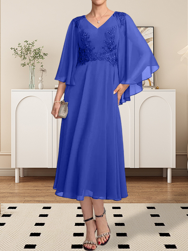 A-Linie V-Ausschnitt Wadenlanges Chiffon-Spitzenkleid für die Brautmutter mit Perlen und Pailletten