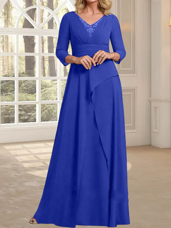 Vestido de gasa para madre de la novia con escote en V, largo hasta el suelo, con pliegues y cuentas