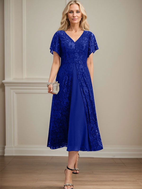 Vestido de gasa con encaje y escote en V para madre de la novia, largo hasta la rodilla