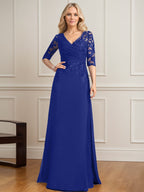 A-Linien-Kleid mit V-Ausschnitt, bodenlangem Spitzenchiffon und plissierten Pailletten 