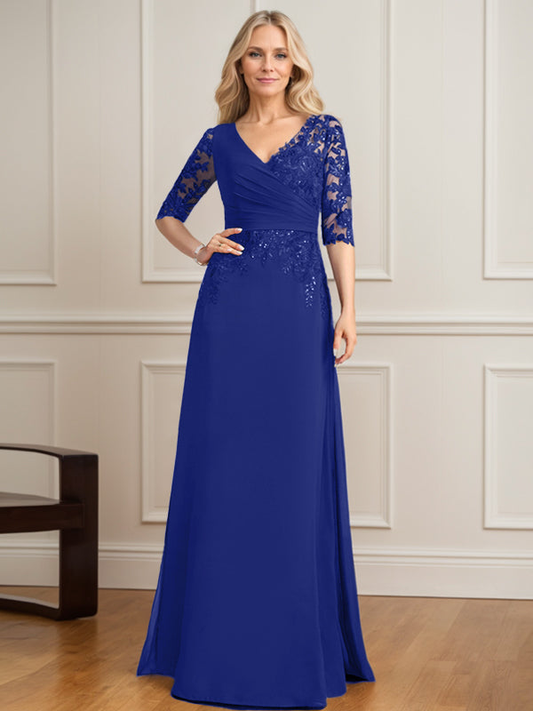 Vestido de madre de la novia de gasa con encaje, escote en V y lentejuelas plisadas hasta el suelo