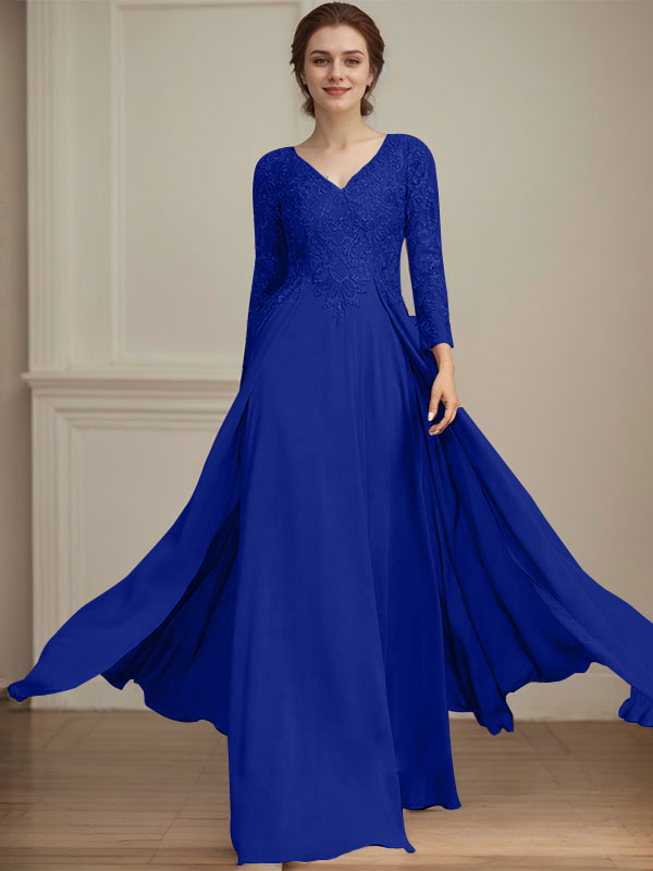 Vestido de madre de la novia de gasa con encaje, escote en V y lentejuelas, largo hasta el suelo