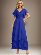 Vestido de gasa con encaje y escote en V hasta los tobillos para madre de la novia con volantes en cascada