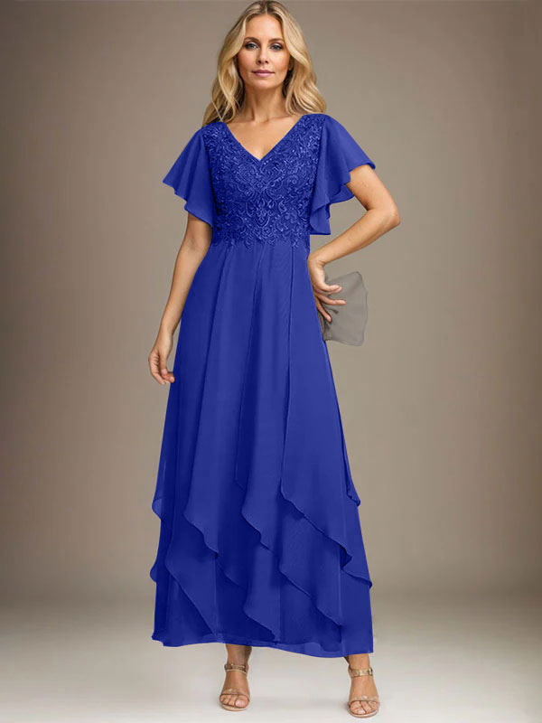 Vestido de gasa con encaje y escote en V hasta los tobillos para madre de la novia con volantes en cascada