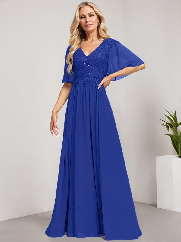 Vestido de madre de la novia de gasa con encaje, escote en V y lentejuelas, largo hasta el suelo