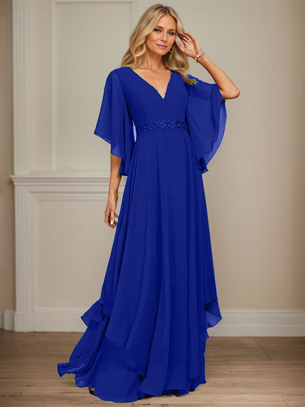 Vestido de gasa para madre de la novia, corte A, escote en V, largo hasta el suelo, con apliques de lentejuelas, encaje y abalorios