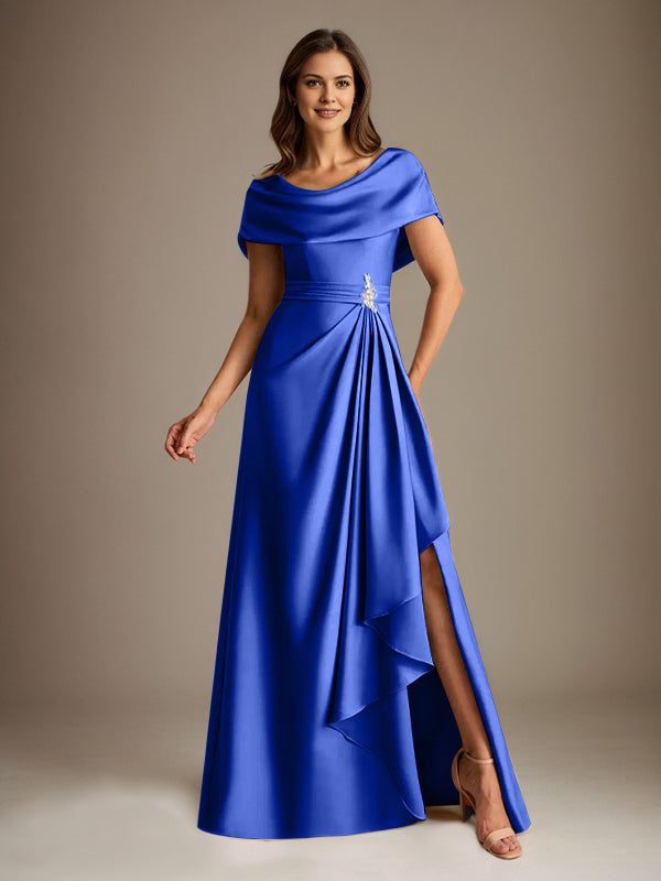 Vestido de madre de la novia de satén elástico, corte A, largo hasta el suelo, con escote redondo y volantes en cascada