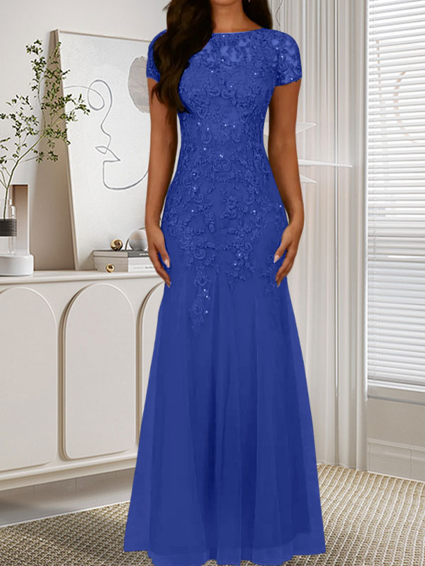 Vestido de tul con lentejuelas y escote redondo de sirena en azul marino oscuro