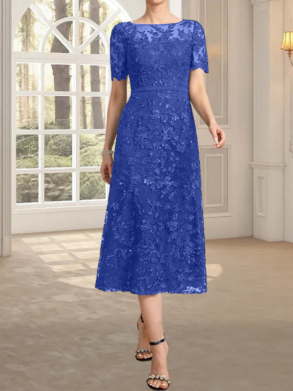 Vestido de madre de la novia de encaje con lentejuelas, corte A, escote ilusión y largo hasta la rodilla