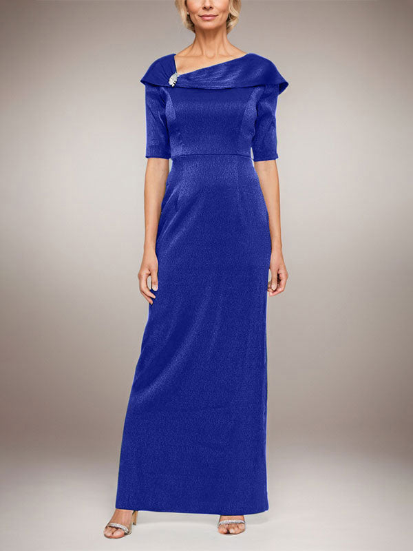 Vestido largo de columna brillante con puños doblados, escote en L y mangas hasta el codo