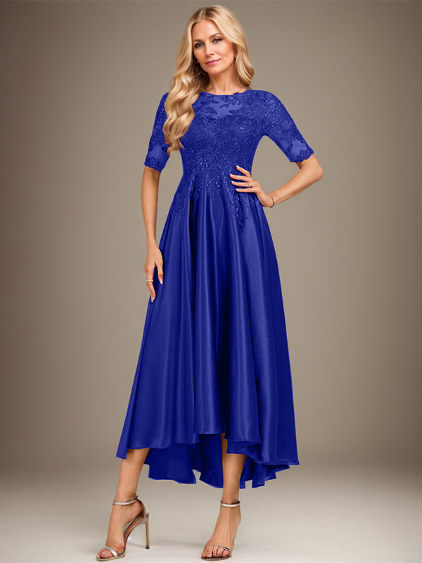Vestido de madre de la novia de encaje satinado elástico asimétrico con ilusión de escote redondo y lentejuelas