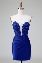 Vestido de fiesta corto, plisado, sin tirantes, ajustado, verde oscuro y elegante con cuentas