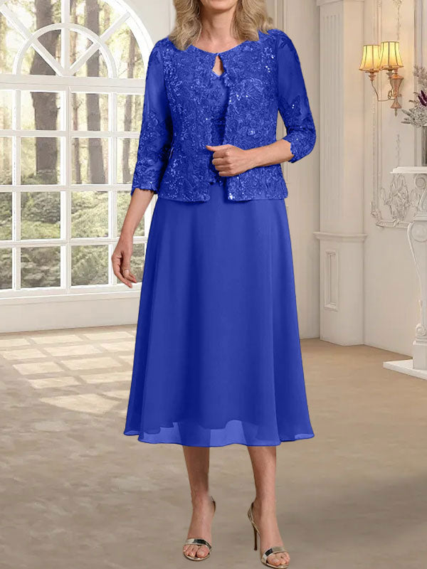Vestido de gasa con encaje y lentejuelas para madre de la novia, corte A, escote redondo y largo hasta la rodilla