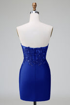 Vestido de fiesta corto, plisado, sin tirantes, ajustado, verde oscuro y elegante con cuentas